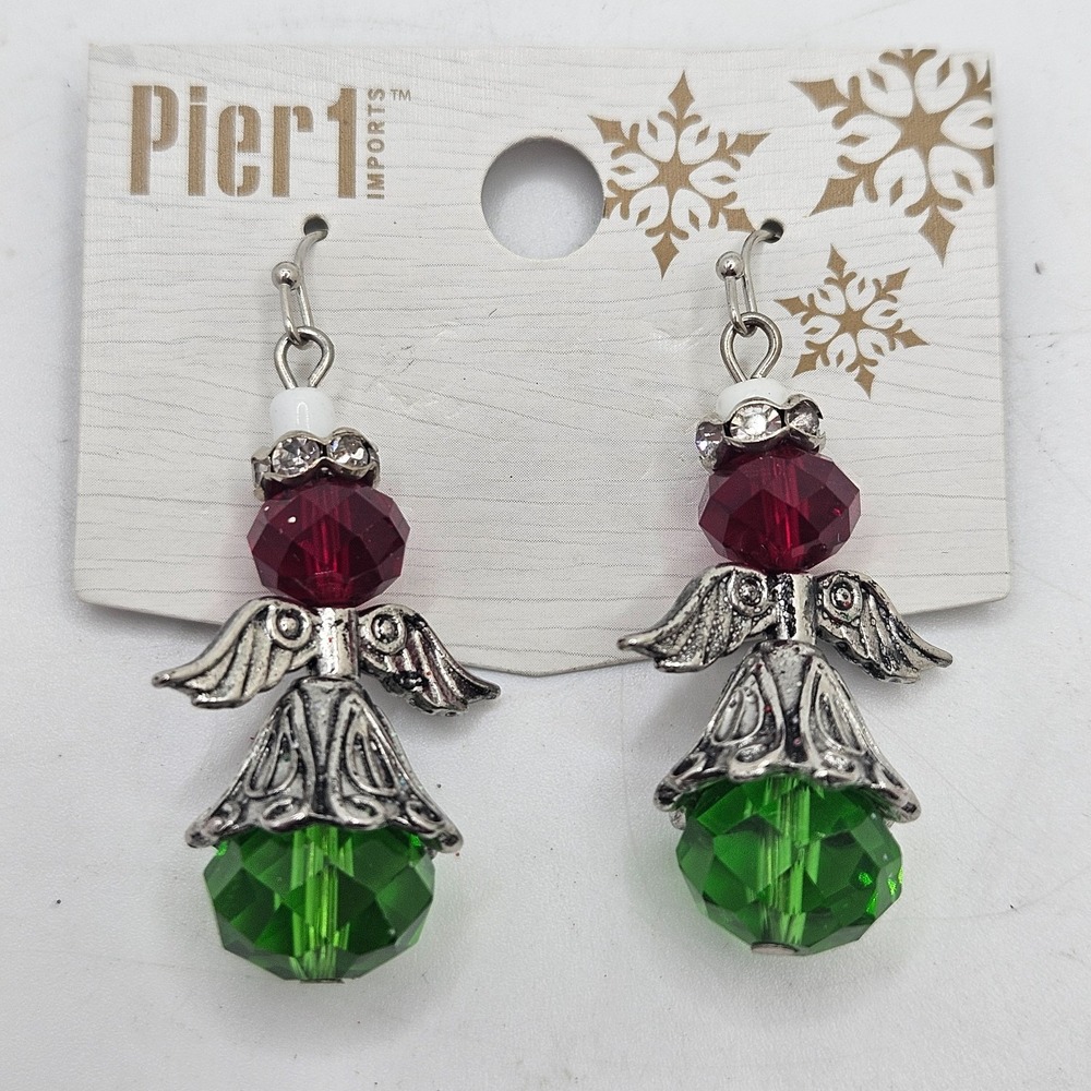 Pier 1 Imports‎ Christmas Angel Earrings Red Green Faceted Beads Silver Tone
